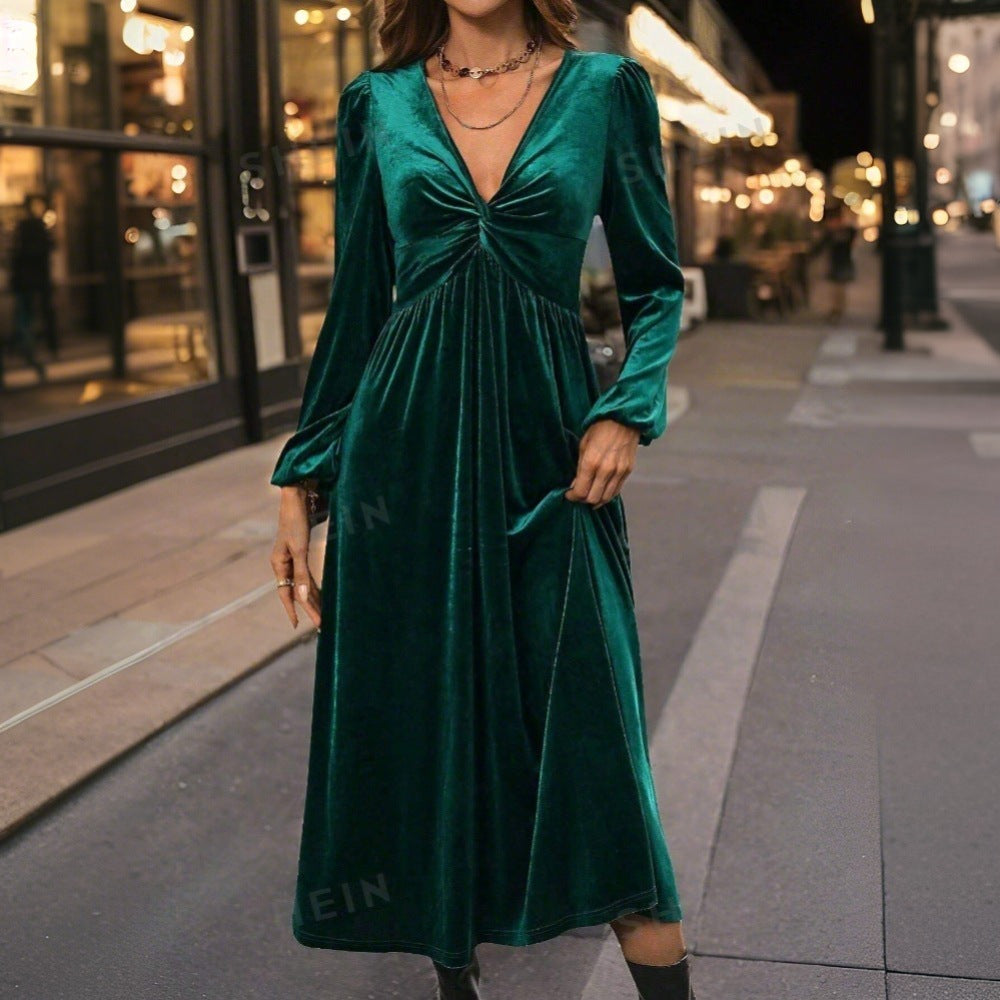 Damen Samt-Kleid Midi Wickeldesign V-Ausschnitt Eveloria