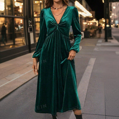 Damen Samt-Kleid Midi Wickeldesign V-Ausschnitt Eveloria