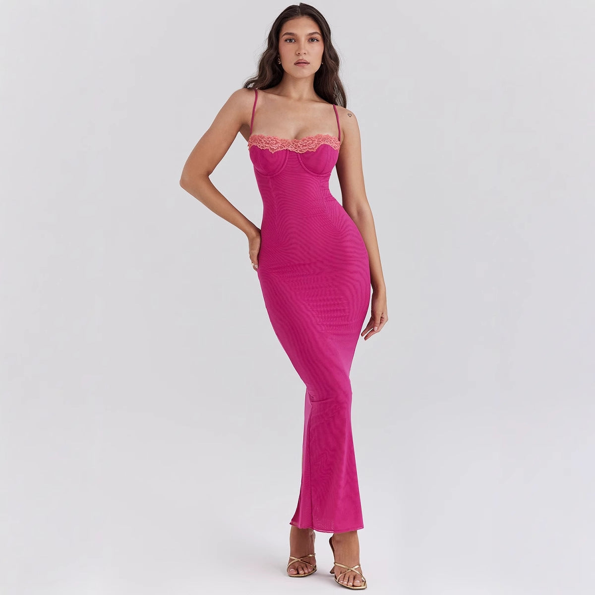 Damen Maxikleid Herzförmiger Ausschnitt Transparent Eveloria
