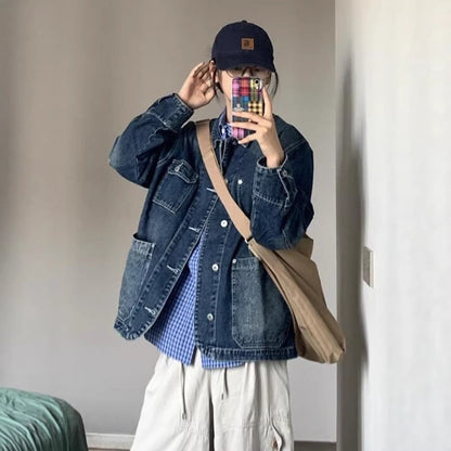 Damen Denim-Jacke Modisch Große Taschen Blau Eveloria