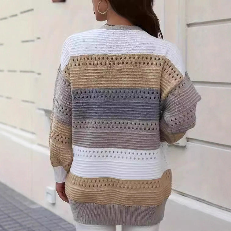 Damen Strickcardigan Groß Lochmuster Farbblockdesign Eveloria