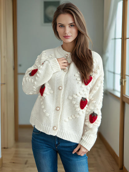 Damen Strickjacke Erdbeer Stickerei Knopfverschluss