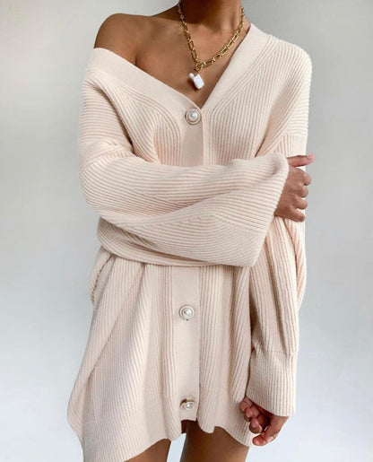 Damen Oversized Strickcardigan mit Dekorativen Knöpfen Beige