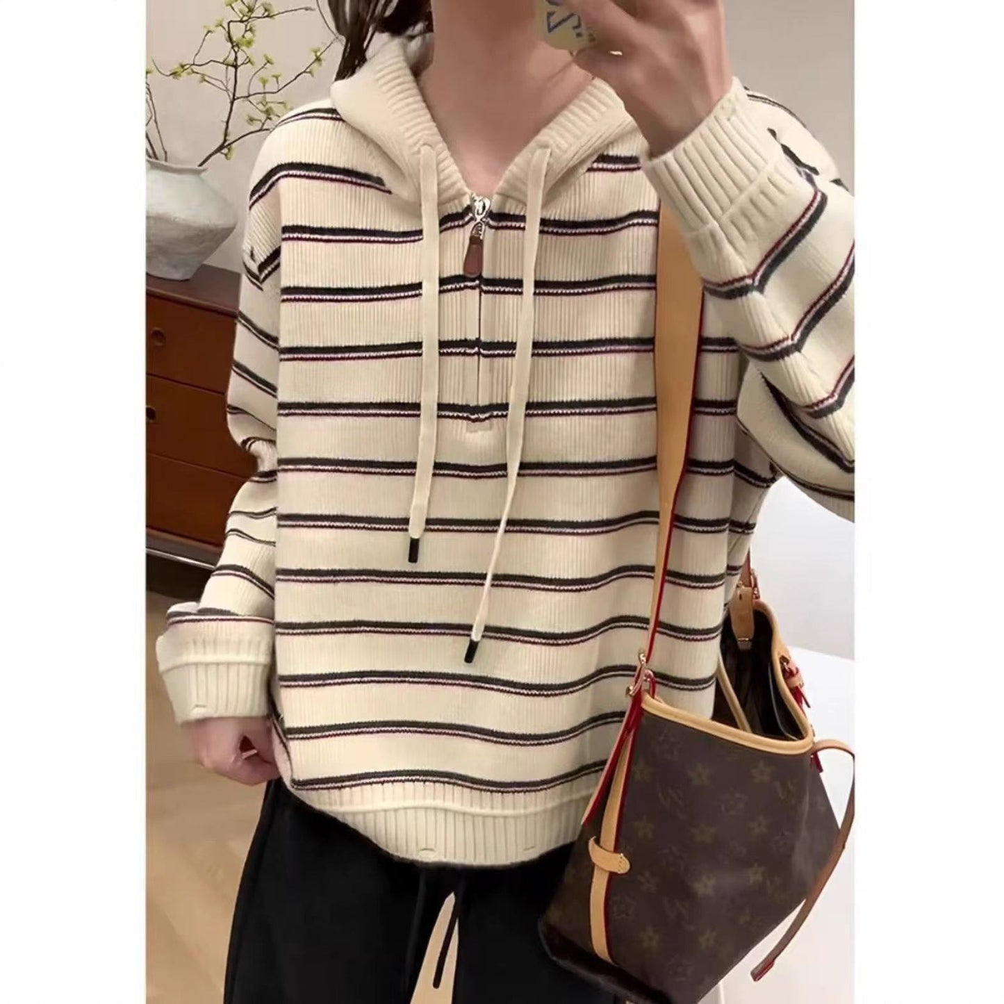 Damen Hoodie Pullover Strukturiertes Streifenmuster