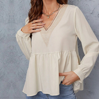 Damen Bluse Spitze Ärmel Elegant Weiß