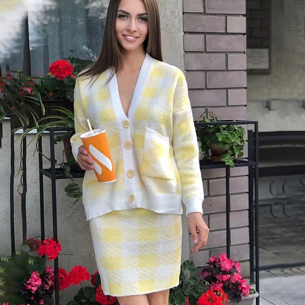 Damen Strickensemble Karomuster Mit Taschen