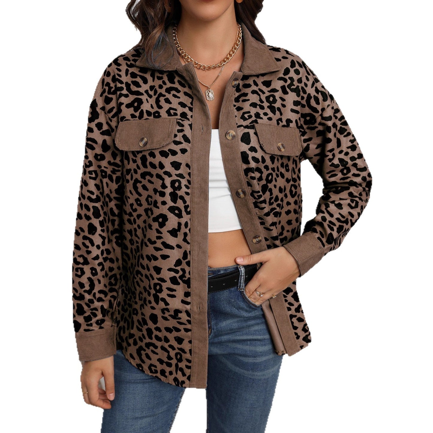Damen Kordjacke Leo-Print Brusttaschen Eveloria