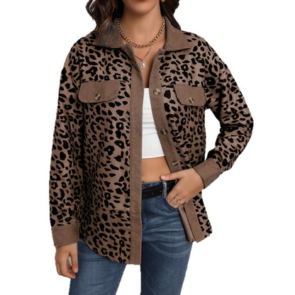 Damen Kordjacke Leo-Print Brusttaschen Eveloria
