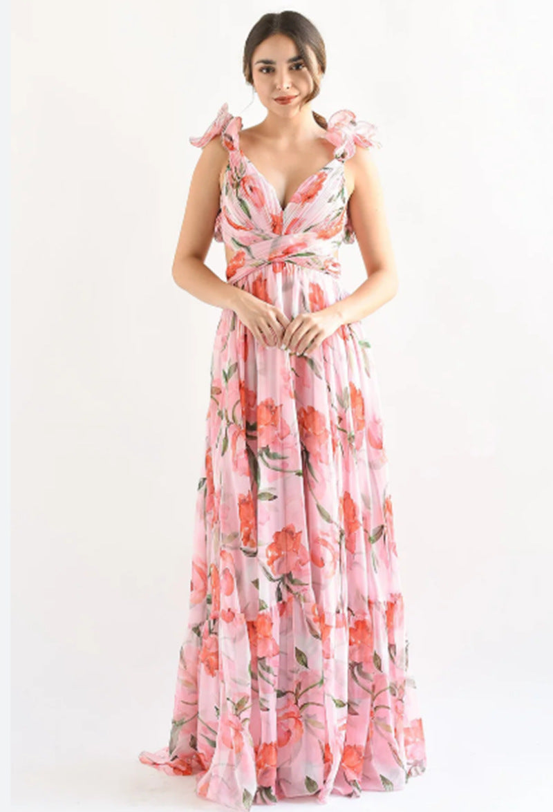 Damen Maxikleid Vintage-Stil Fließender Rock Rüschendetails