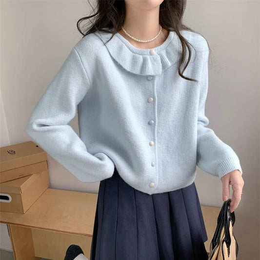 Damen Strickpullover Romantischer Rüschenkragen Feine Knöpfe - Eveloria