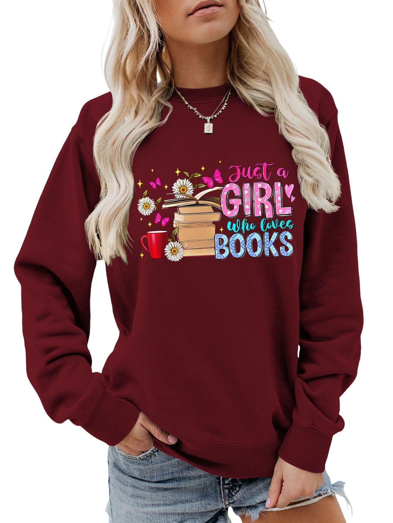 Damen Sweatshirt Buchmotiv Lässig Grau Eveloria
