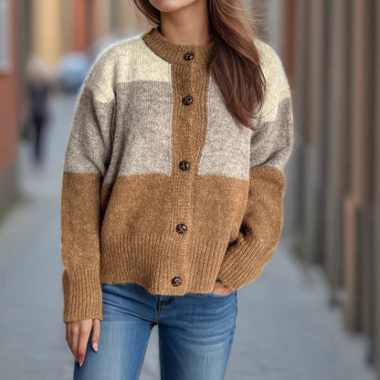 Damen Strickjacke Kuschellig Farbblockdesign Dekorative Knöpfe Beige