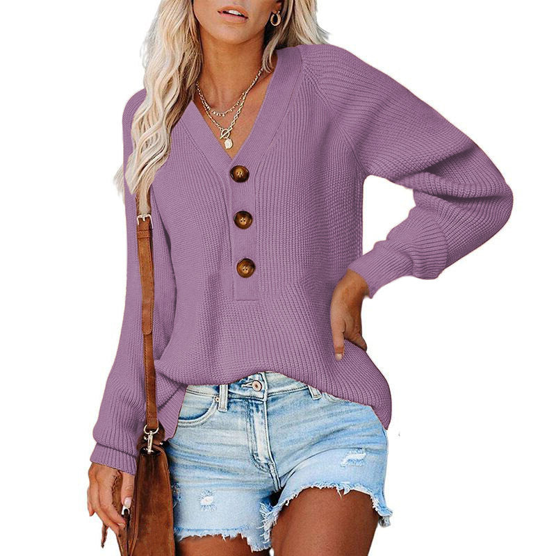 Damen Pullover V-Ausschnitt Holzknöpfe Eveloria