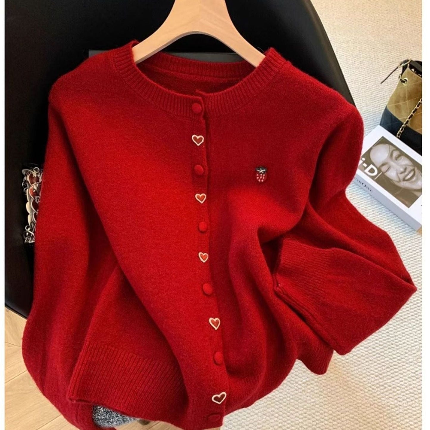 Damen Strickjacke Kuschelig Herz Erdbeere Applikationen