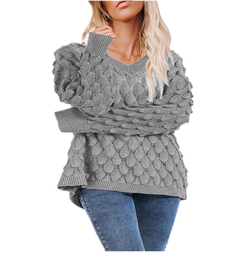Damen Grobstrickpullover V-Ausschnitt Wellenmuster Eveloria