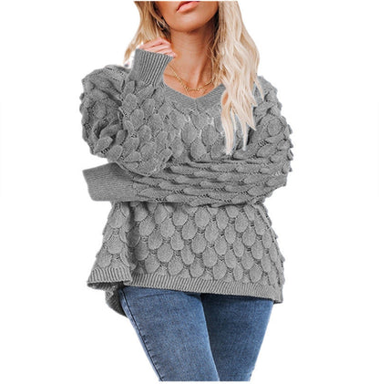 Damen Grobstrickpullover V-Ausschnitt Wellenmuster Eveloria