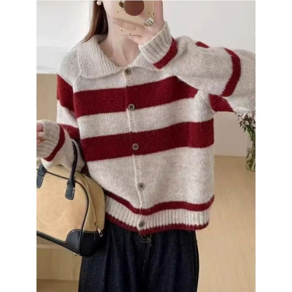 Damen Strickjacke Vintage-Streifen Kuschelig Grau Eveloria