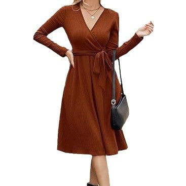 Damen Wickelkleid Längsstreifen Taillengürtel Eveloria
