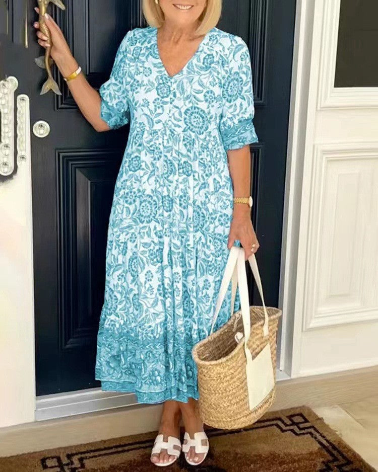 Eveloria Damen Kleid V-Ausschnitt Print Übergröße