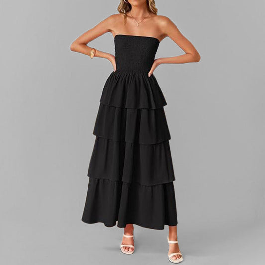 Damen Maxikleid Schulterfrei Voluminöser Stufenrock - Eveloria