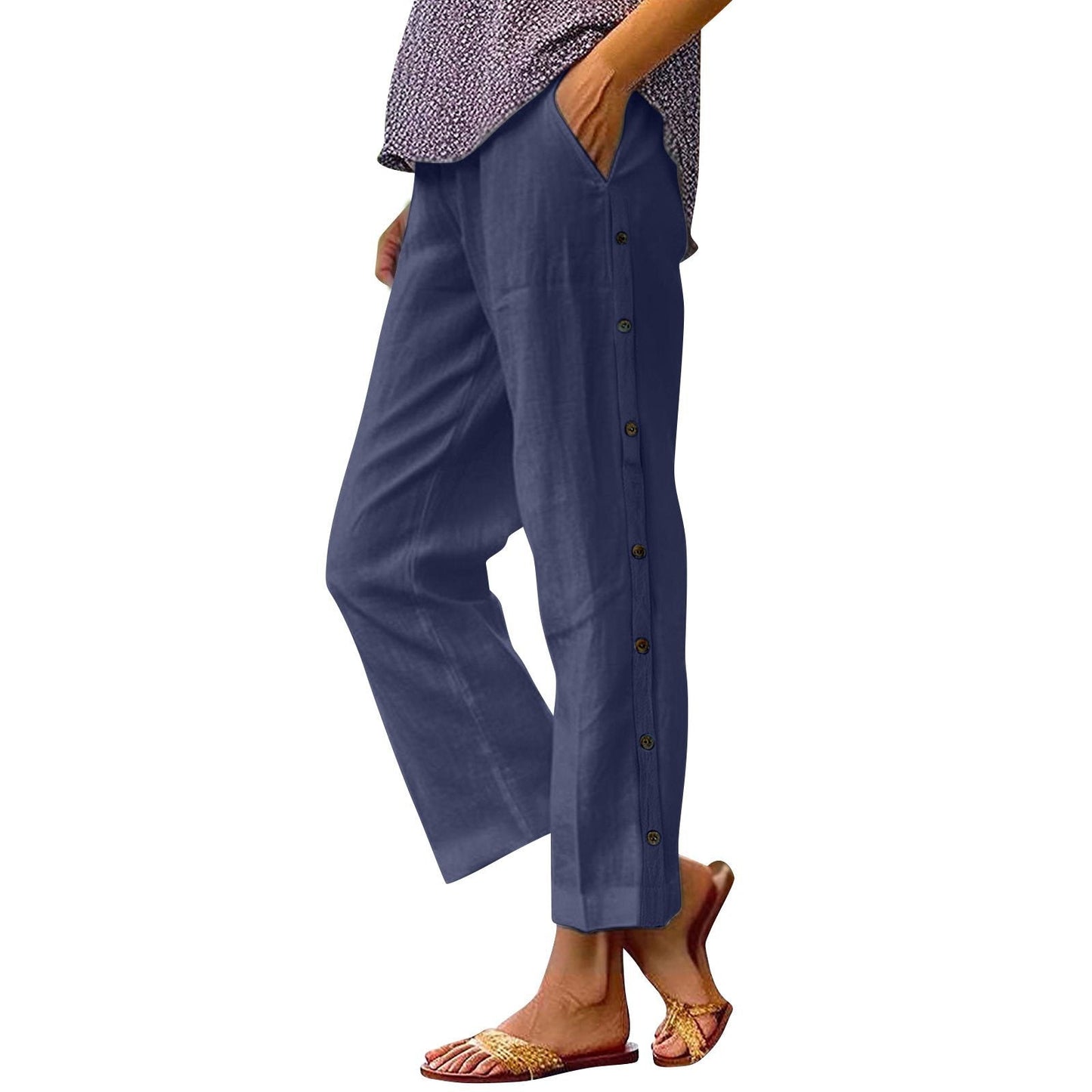 Damen Leinenhose Bequem Knöpfe Anthrazit