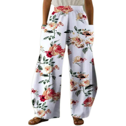 Damen Blumenhosen Weite mit Taschen Elastischer Bund