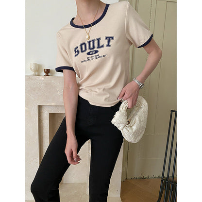 Damen T-Shirt Rundhals Kontrastfarbe mit Schriftzug