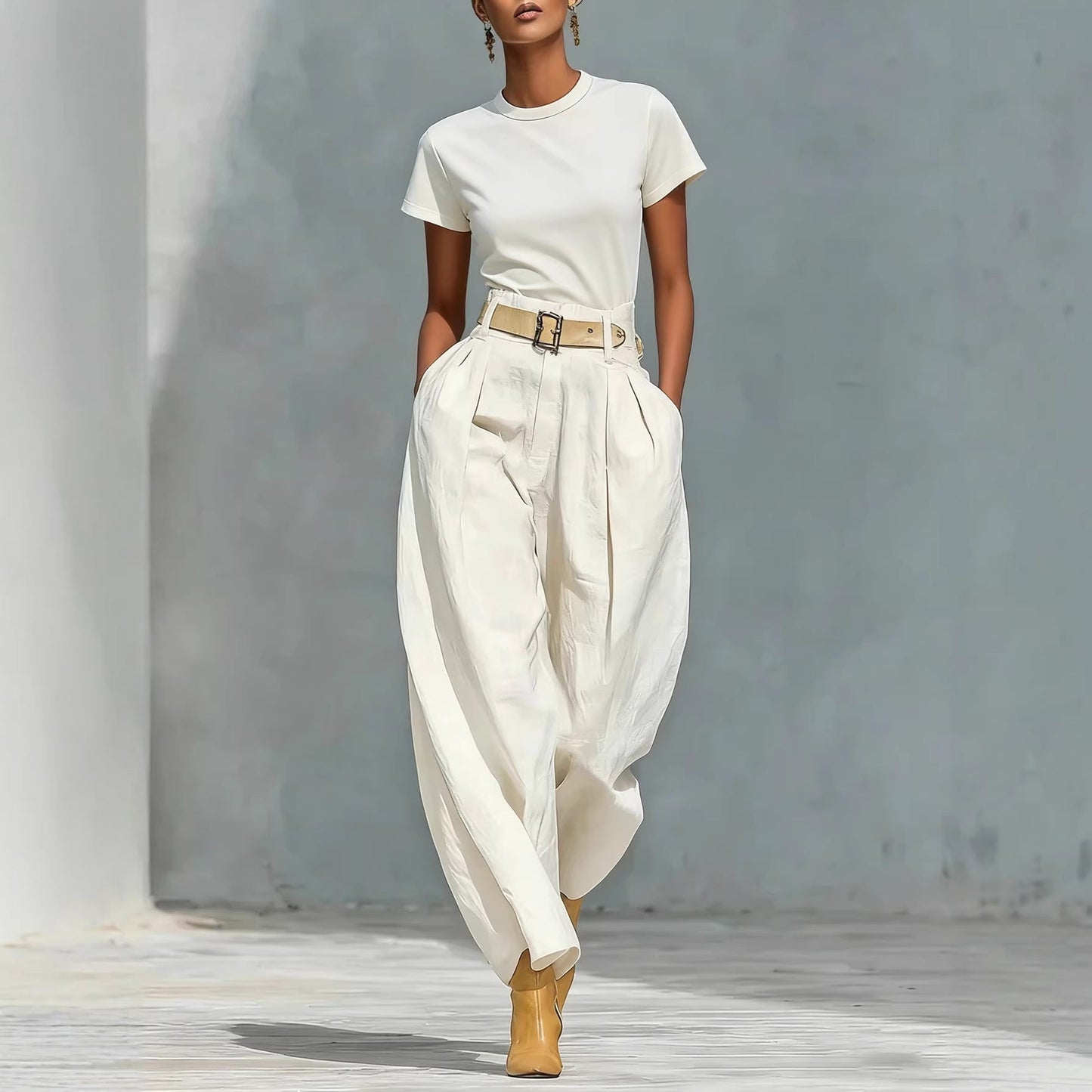Damen Bundfaltenhose Locker Passform Verstellbarer Gürtel
