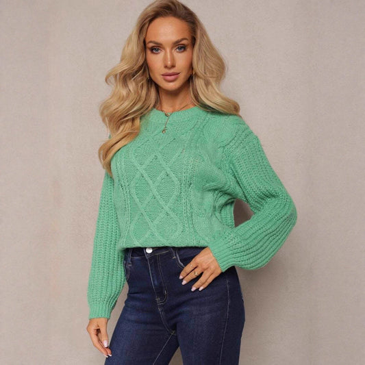 Damen Grobstrickpullover mit Zopfmuster Weite Ärmel Beige - Eveloria