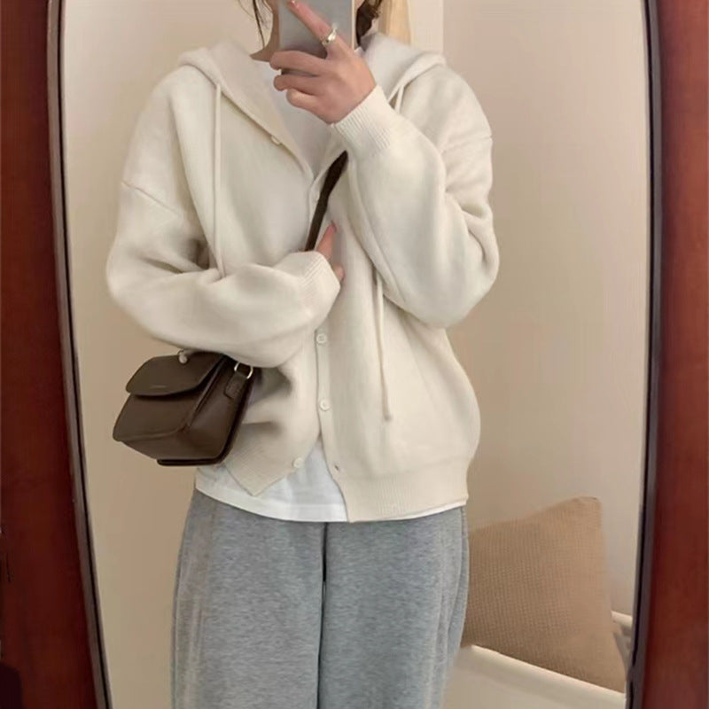 Damen Strickjacke mit Kapuze und Knopfverschluss