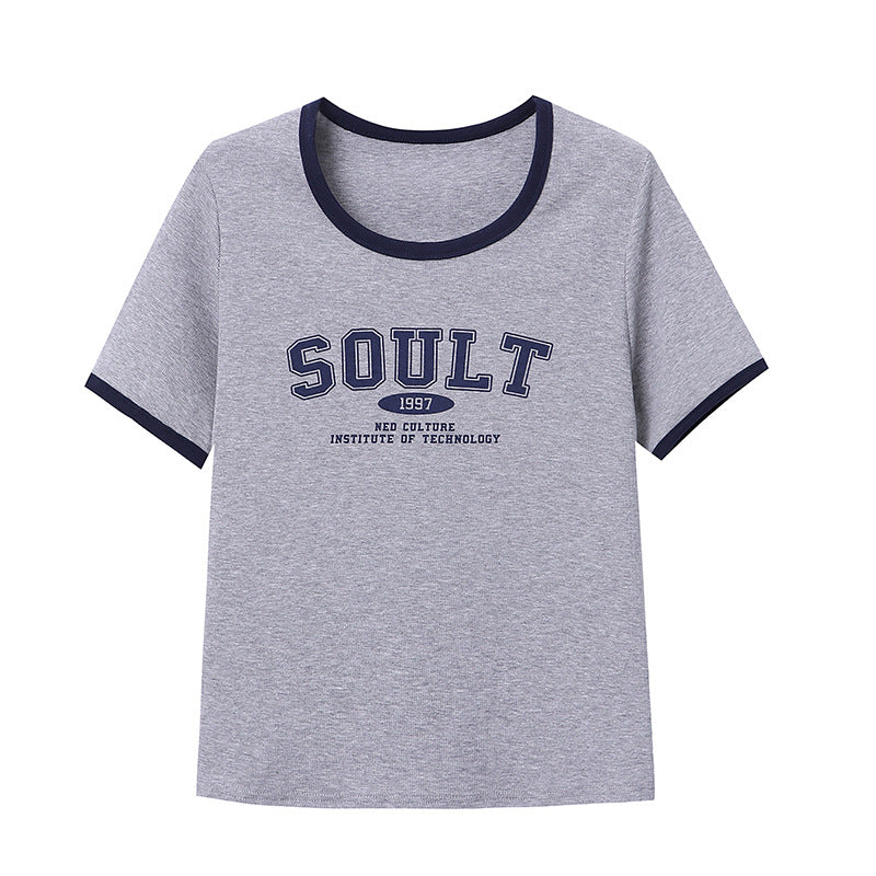 Damen T-Shirt Rundhals Kontrastfarbe mit Schriftzug