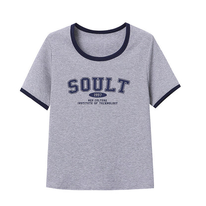 Damen T-Shirt Rundhals Kontrastfarbe mit Schriftzug
