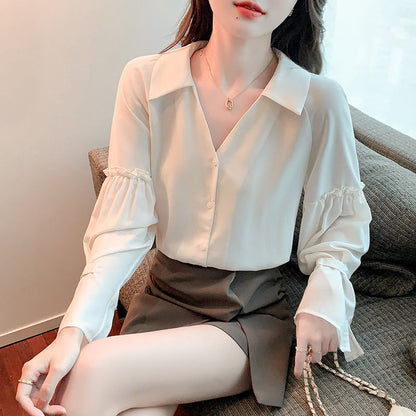Damen Bluse Rüschendetails V-Ausschnitt Eveloria - Eveloria