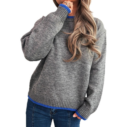 Damen Pullover Lässiger Stehkragen Rippdetails Grau