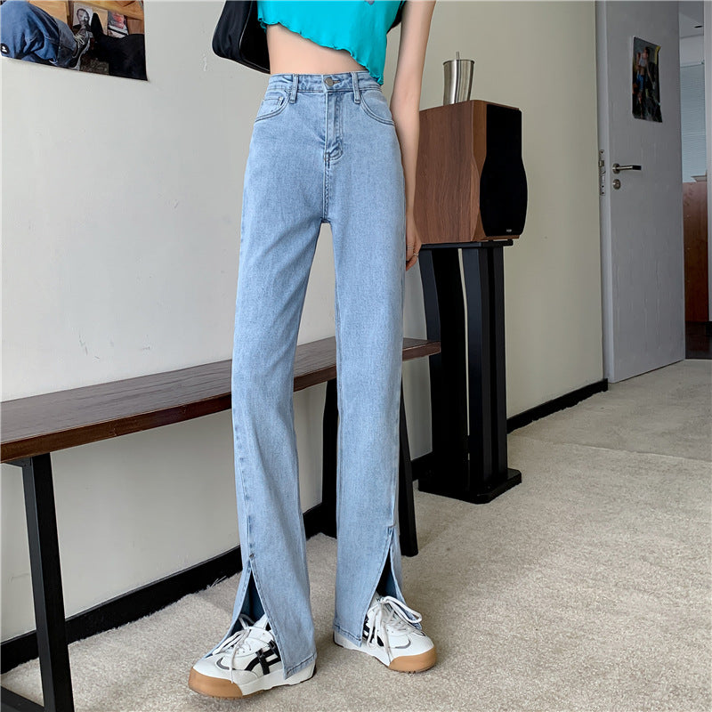 Damen Hochtaillierte Denimhose Seitenschlitze Blau Eveloria - Eveloria