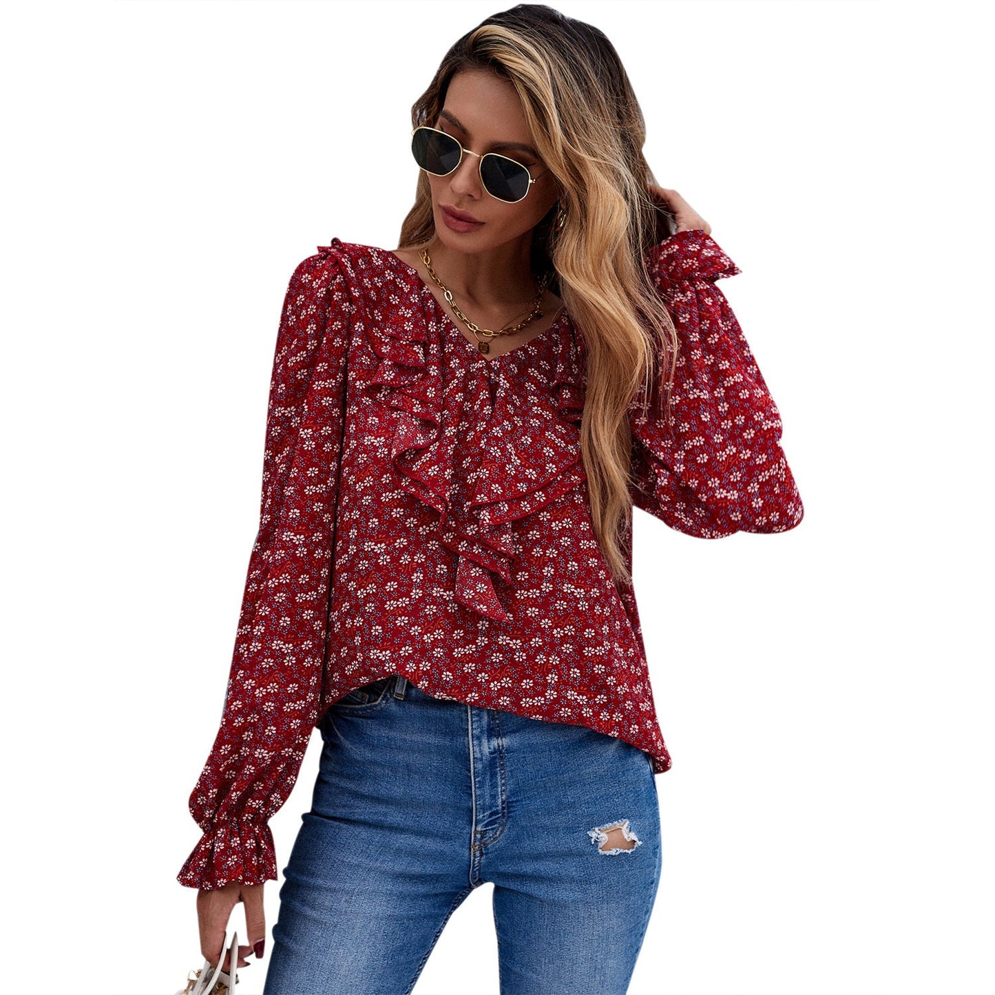 Damen Bluse Rüschendetails Floralmuster