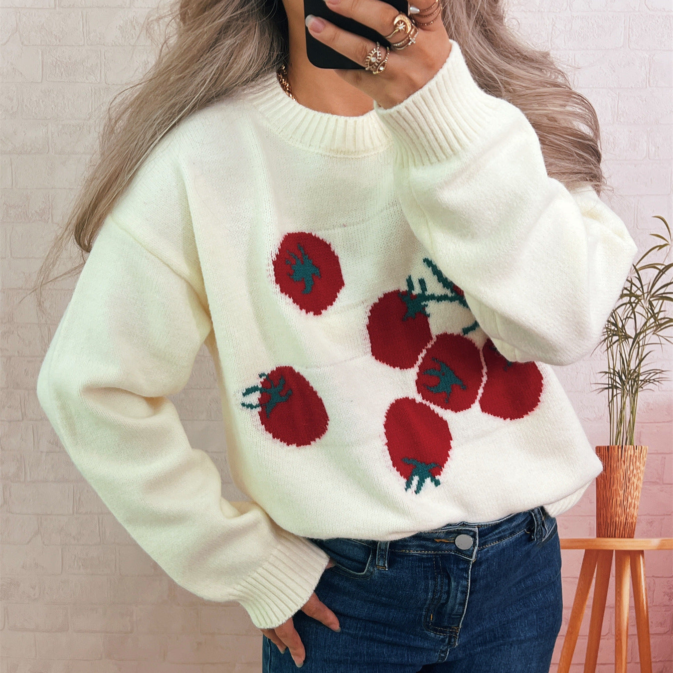 Damen Strickpullover Tomatenmuster Lässig