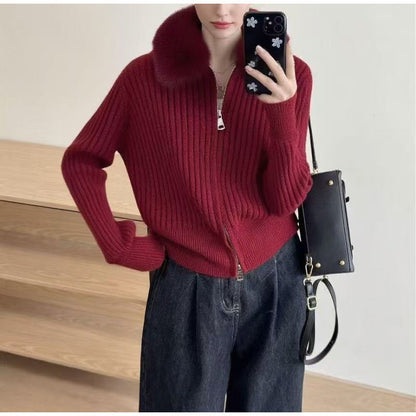 Damen Strickjacke Kunstfellkragen Rippstruktur
