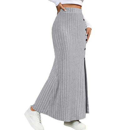 Damen Maxi-Rock Strick mit Knöpfen und Seitenschlitz