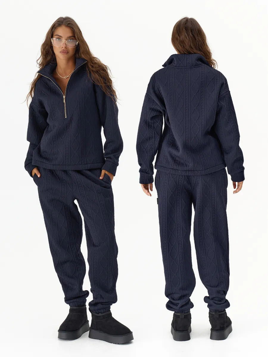 Damen Fleece-Loungewear-Set mit Reißverschluss Rippstruktur Eveloria
