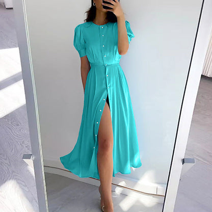 Damen Maxikleid Puffärmel Hochschlitz Eveloria