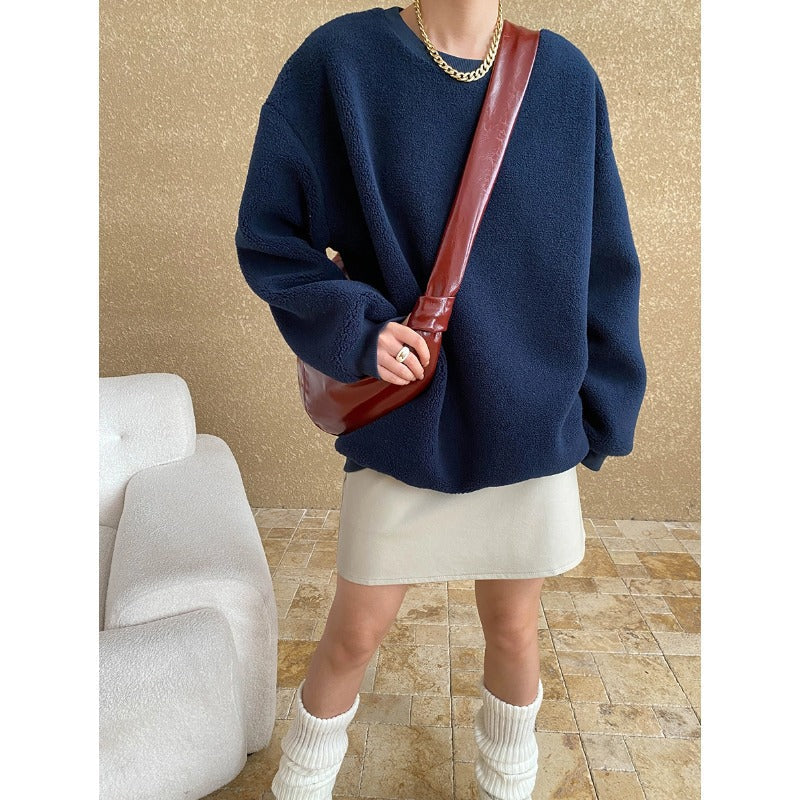 Damen Fleece-Pullover Weiter Schnitt Bequem Grau Eveloria