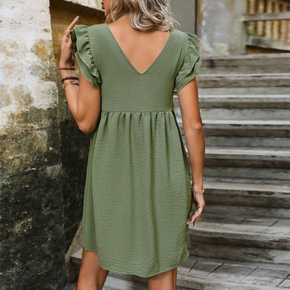 Damen Freizeitkleid Rüschendetails Knöpfe Ausschnitt Eveloria