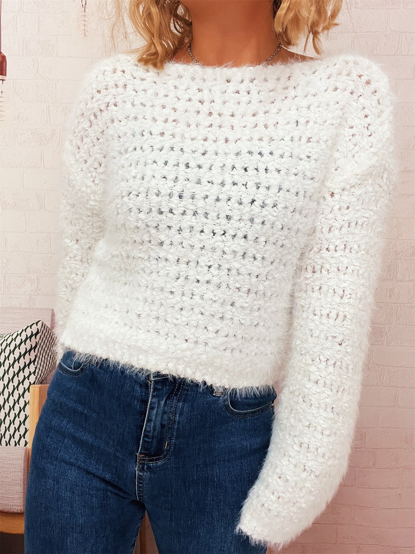 Damen Strickpullover Kuschelig Struktur Oberfläche Weite Ärmel Beige