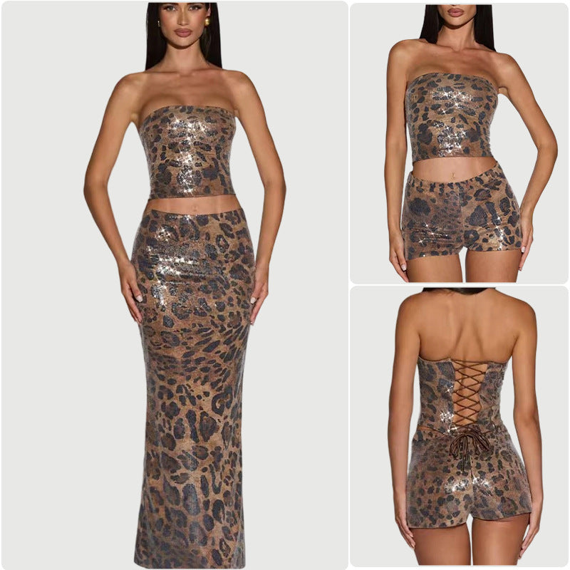 Damen Leopardenmuster Crop- und Shorts mit Glitzerakzenten - Eveloria