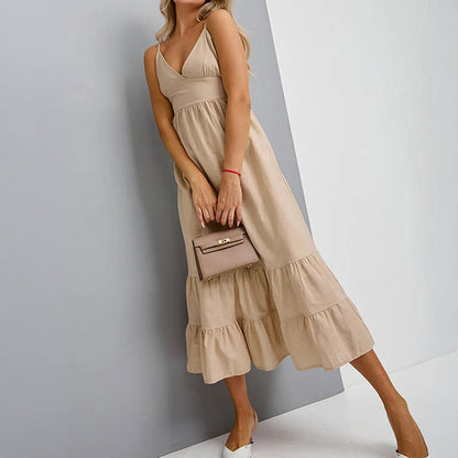 Damen Midikleid V-Ausschnitt Rüschensaum Elegantes Kleid