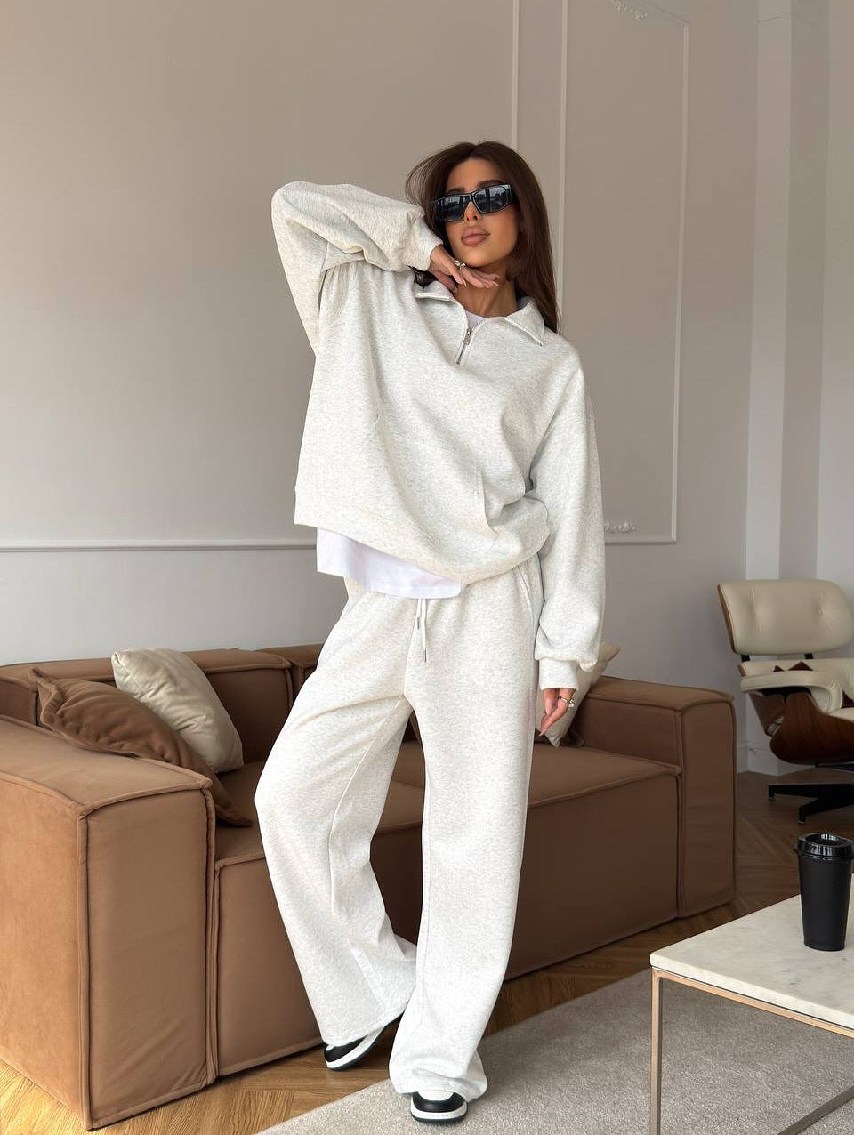 Damen Sportpullover Halb-Reißverschluss Weite Hose Eveloria
