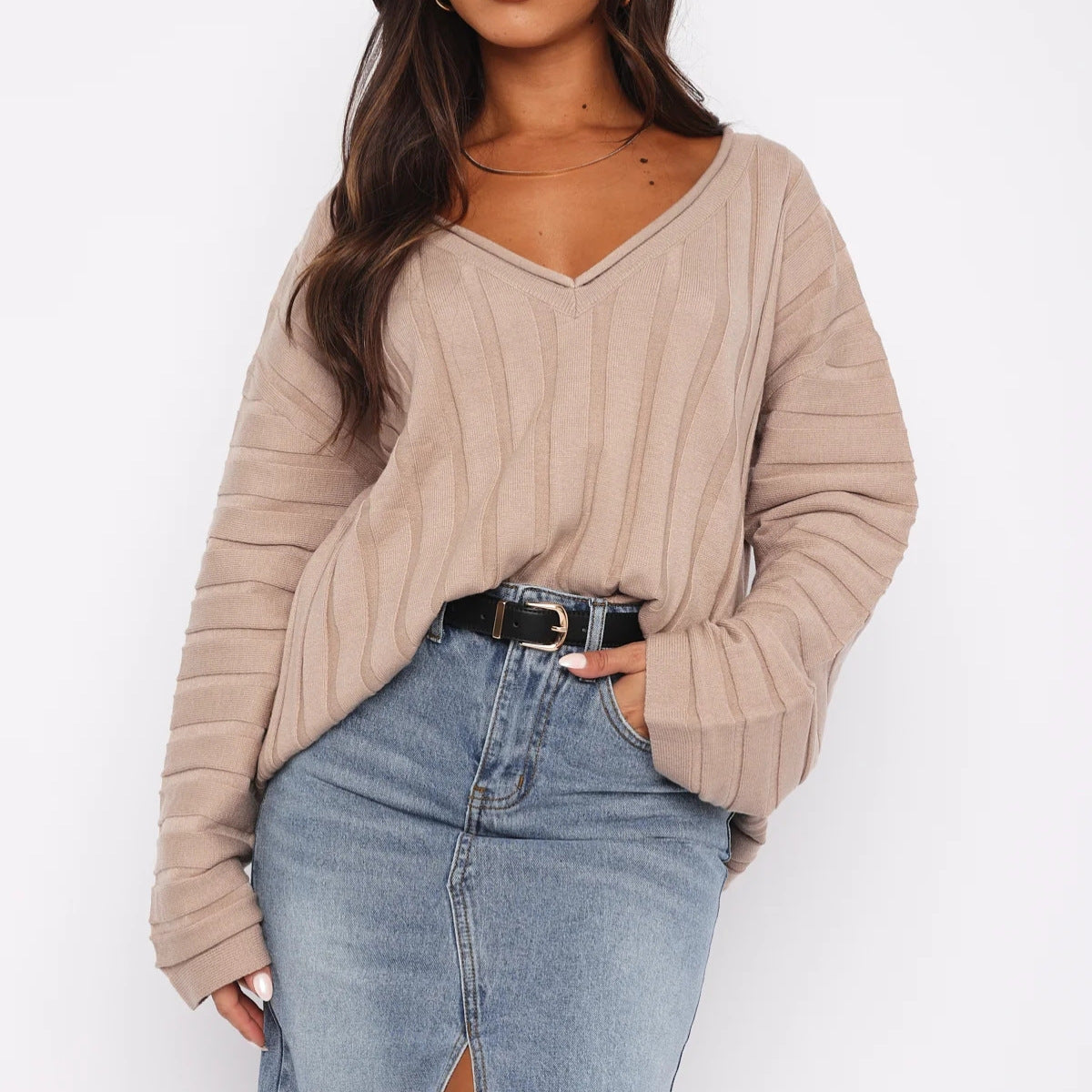 Damen Strickpullover V-Ausschnitt Rippenstruktur Eveloria - Eveloria
