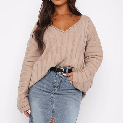 Damen Strickpullover V-Ausschnitt Rippenstruktur Eveloria - Eveloria