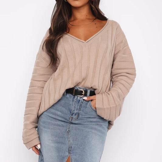 Damen Strickpullover V-Ausschnitt Rippenstruktur Eveloria - Eveloria